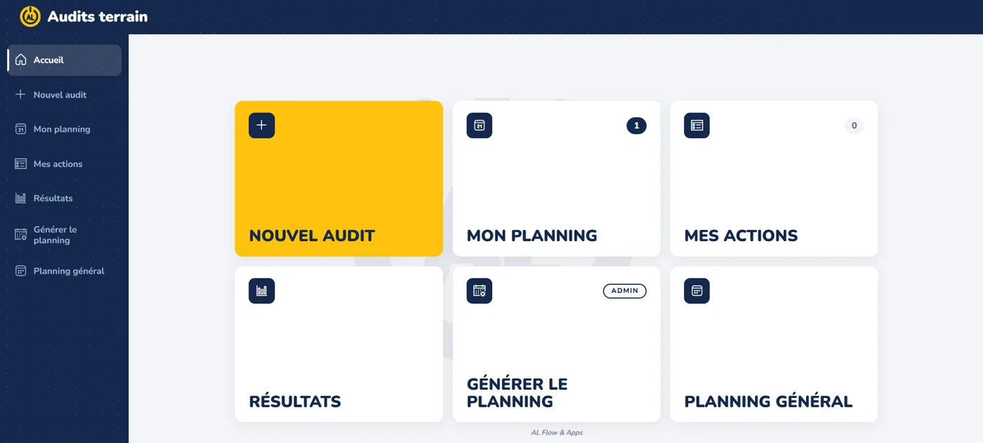 Accueil de l'appli Audits terrain : nouvel audit, mon planning, mes actions, résultats, génération et planning général